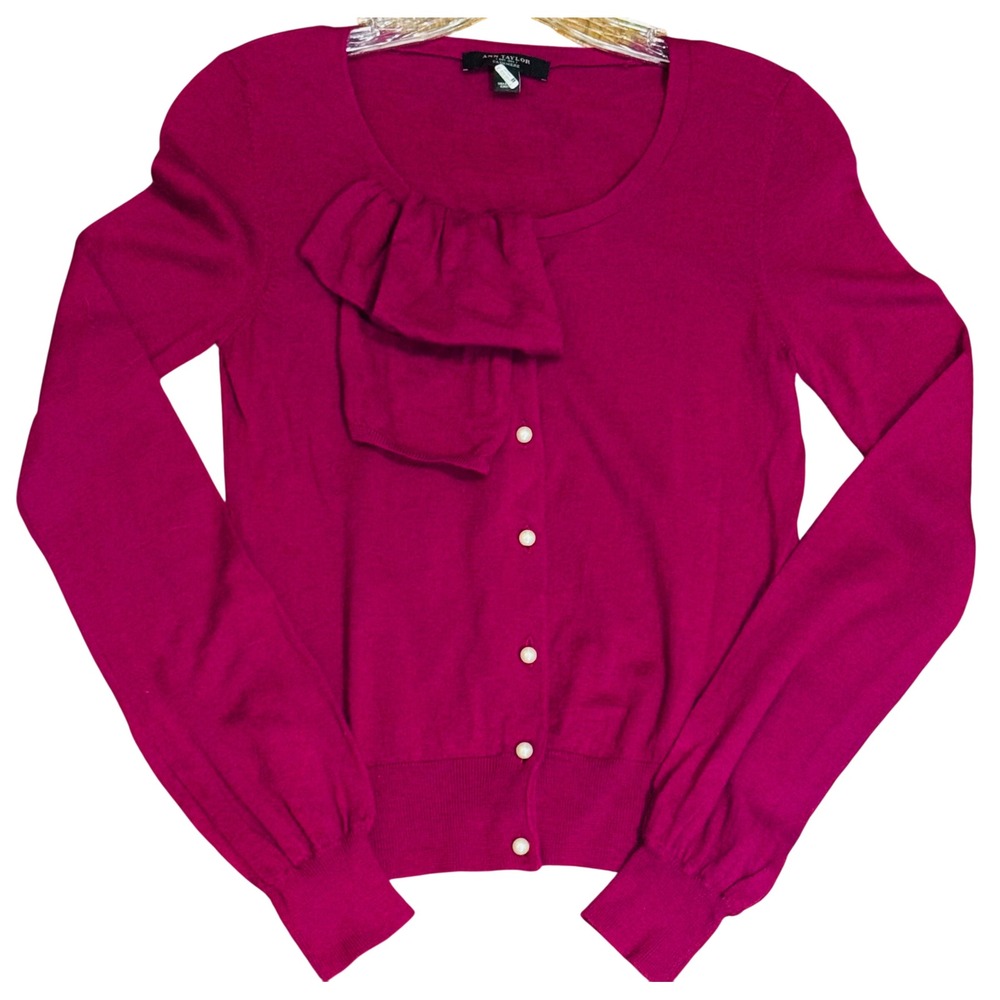Ann Taylor Cashmere Ruffle Cardigan Pearl Button Magenta Pink Womens XS